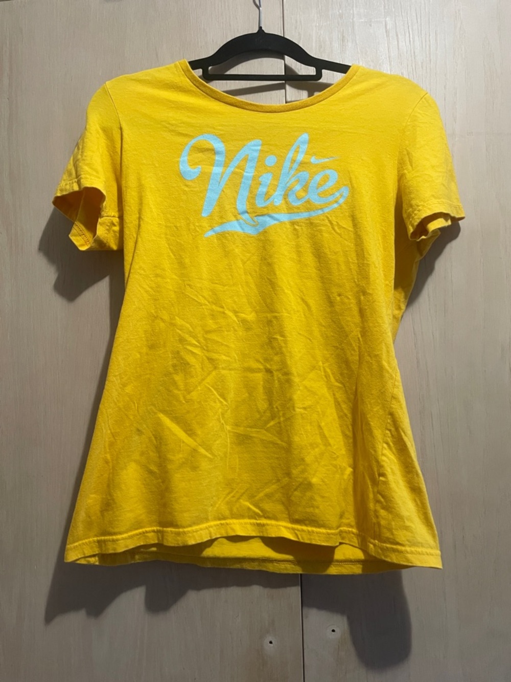 Nike Women's Yellow Tee with Light Blue Script Logo